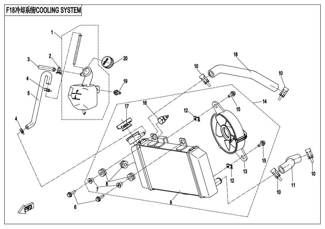 2018 CF MOTO CF150-3(ENGLISH) COOLING SYSTEM(WITH THERMAL SWITCH) - F18-V1 exploded diagram
