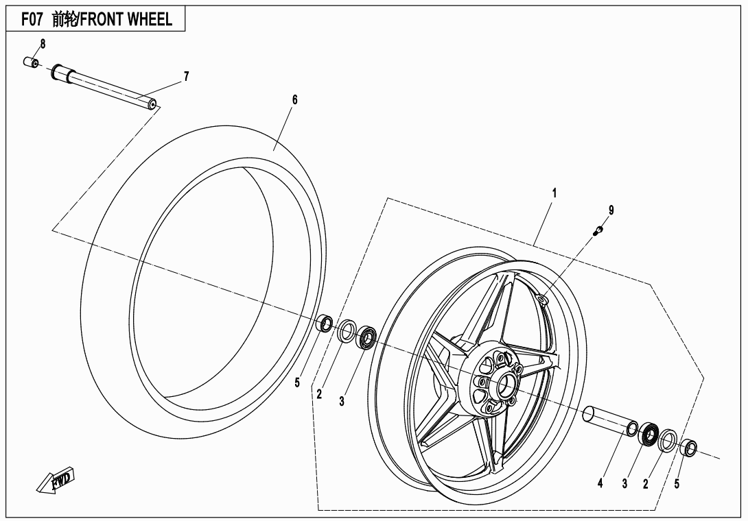 2019 CF MOTO CF650-8 FRONT WHEEL(RIM-MATTE BLACK-METZELER) - F07-A exploded diagram