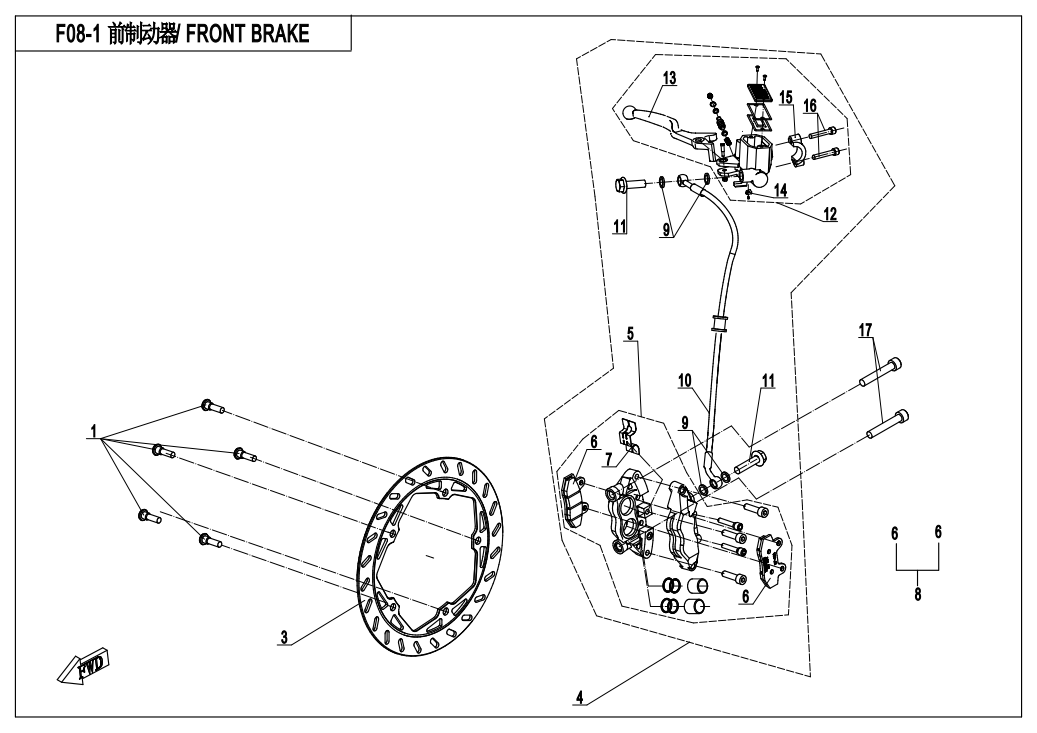 2021 CF MOTO CF300-3F FRONT BRAKE(KAILING) - F08-A-1 exploded diagram